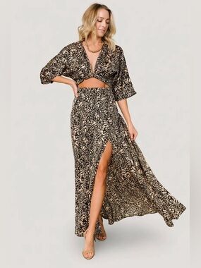 Baltic Born NWT Morlana Maxi Dress Black and Tan Print Large L